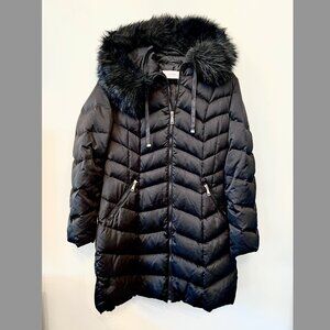 Tahari Womens Large Black Removable Faux Fur-Trimmed Hooded Down Puffer Coat